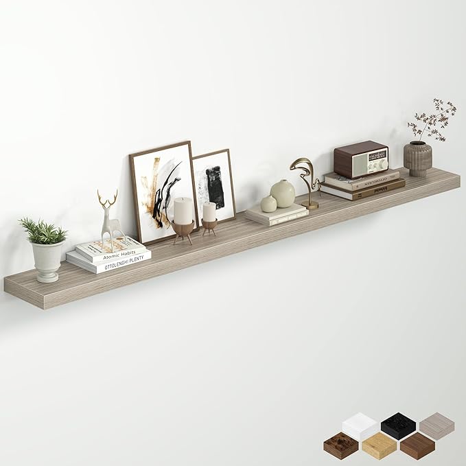 Fun Memories 67 Inch Floating Shelves for Wall, 8 Inch Deep Wall Mounted Wood Shelves with Invisible Brackets for Bathroom, Bedroom & Kitchen Storage Decor, Grey, 1 Pack