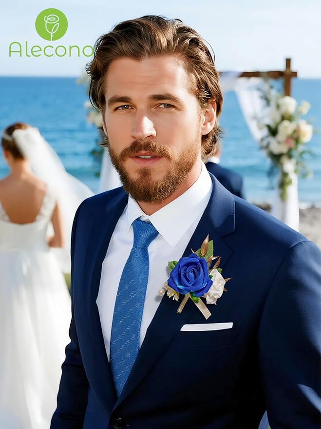 Alecono Boutonniere for Men, Set of 2 Navy Blue Corsages for Men Groom Bridegroom, Artificial Flowers for Prom Graduation Ceremony Anniversary