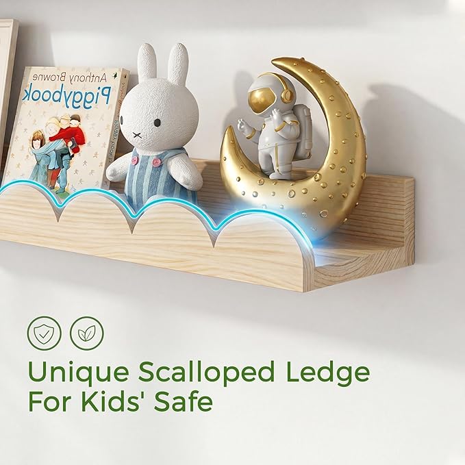 24 Inch Floating Shelves for Wall, 4-Pack Nursery Book Shelves with Hooks, Scalloped Shelves, Wall Book Shelves for Kids Room, Toddler Room, Baby Room, Nursery Decor