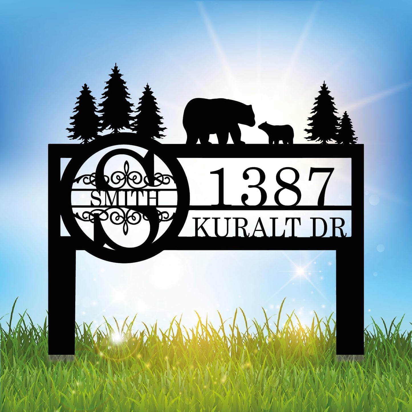 Personalized Custom Bear Wildlife Decor with Metal Stake - Address House Number Name Sign for Farmhouse, Yard, Camping