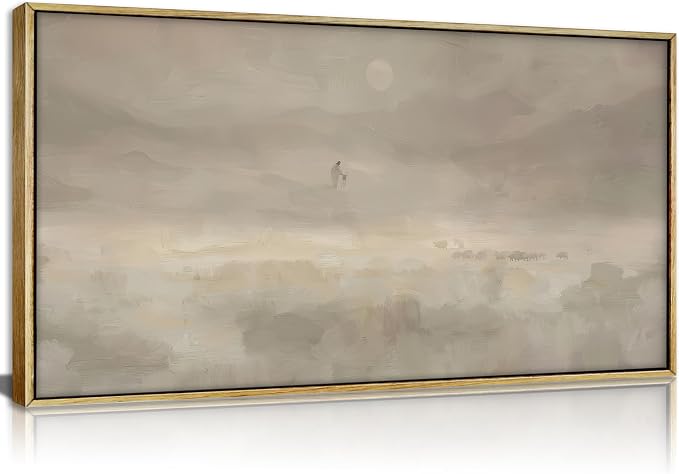 Wood Framed Jesus & Sheep Wall Art, Large Minimalist Christian Painting Canvas Prints, Jesus Leaves the 99 Sheep Picture, Modern Beige Religious Landscape Artwork for Bedroom Prayer Room 16×32 in