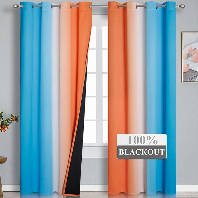 Estelar Textiler Orange and Blue Blackout Curtains 96 Inches Long, Full Light Blocking Gradient Curtains for Bedroom, Ombre Thermal Insulated Blackout Drapes for Living Room, 52x96 Inch, 2 Panels