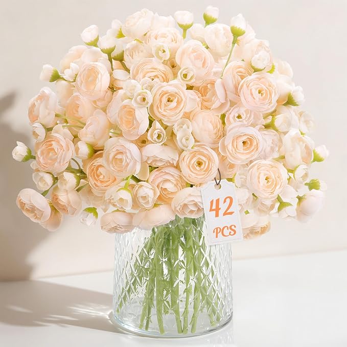 Alupssuc 42Pcs Ranunculus Artificial Flowers Faux Silk Mini Ranunculus, Spring Flowers Artificial Indoor for DIY Bouquets, Bulk Fake Wedding Filler Flowers for Bride Decorations & Arrangements, Cream
