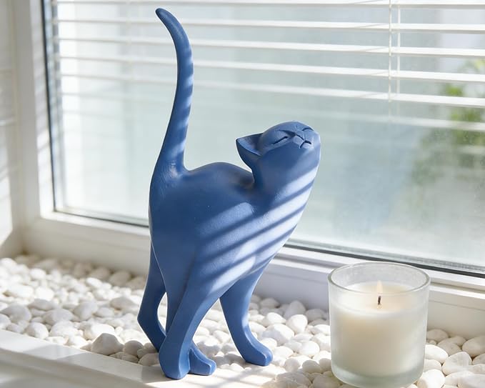 Blue Cat Statue Modern Abstract, Home Office Shelf Decor, 7-Inch Vibrant Assorted Colors, Easy to Match Any Decor Style