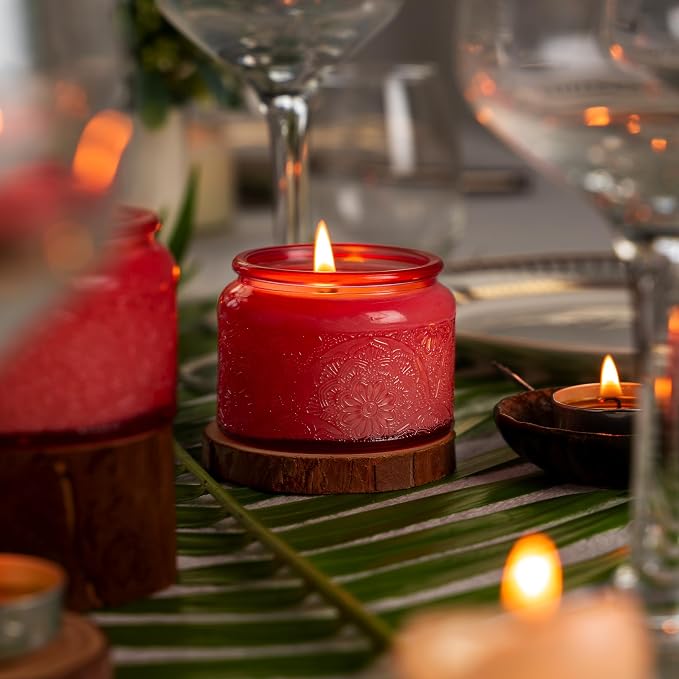 4 oz Red Mandala Glass Candle Jars with Bamboo Lids, 18 Pack | Patented Embossed Design, Includes Wick Centering Devices & Warning Labels, Multiple Color Options