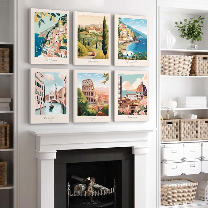 Tocliky Italian Italy Wall Art Decor Amalfi Coast Travel Poster Italy City Canvas Wall Art Vintage Landscape Beach Painting Artwork Modern for Bedroom Living Room 12x16 Prints Wrapped Canvas Set of 6