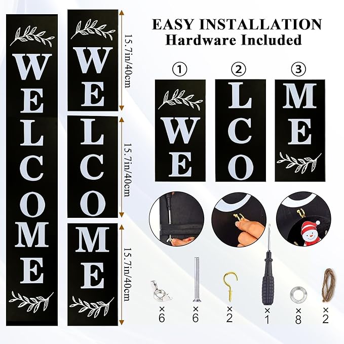 Consevisen Welcome Sign for Front Door Porch Standing, Interchangeable 47 x 7.9 Inch Outdoor Vertical Wooden Welcome Sign with 12 Seasonal Icons for Spring Fall Christmas Easter Farmhouse Home Decor