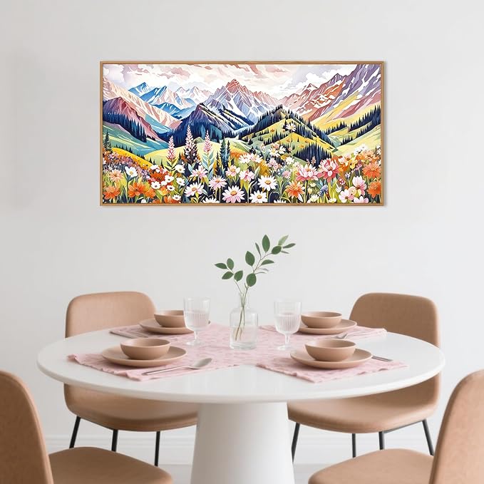 Abstract Colorful Floral Mountain Landscape Framed Canvas Wall Art,Natural Boho Woodland Wildflower Decor,Modern Pink Blossom Botanical Artwork for Living Room, Bedroom, Farmhouse-40 x20 x1