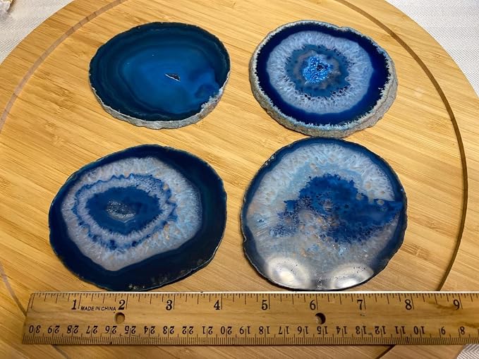 AMOYSTONE Blue Agate Coasters Set of 4, 3.5-4 Inch Polished Gemstone Coasters with Rubber Bumpers, Elegant Wedding Gift for Couples, Home Bar Decor