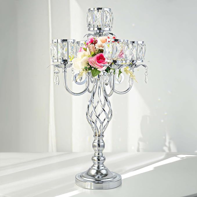 23.2 inch Tall Elegant and Chic 5 Arm Pendant Crystal Candlestick Holder Table Decoration tealight Candle Holder, Candelabra for Gorgeous Wedding/Parties Table Centerpiece (1, Silver)