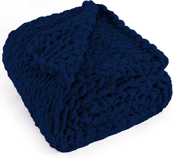 Chunky Knit Throw Blanket 60x80, 100% Handmade Chenille Yarn | 6.7lbs Soft Thick Cable Knitted Blankets, Large Rope Knot Crochet Throws for Couch Sofa Bed Machine Washable, Navy Blue