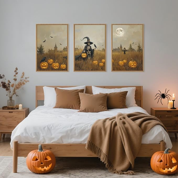 Halloween Ghost Reaper Framed Wall Art Set,Scary Witchy Pumpkin Wall Decor,Horror Night Wall Painting,Full Moon Bats Artwork for Living Room,Bedroom,Halloween Themed Party-24×36"×3