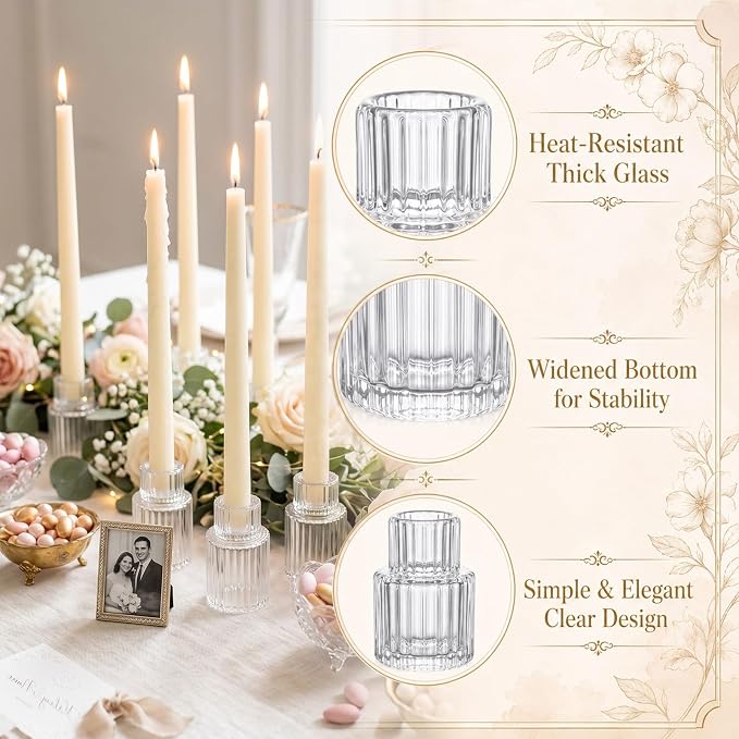 Mumufy 36 Pcs Vertical Stripe Glass Candlestick Holders Clear Small Tapered Candle Holder Bulk for Dining Table Centerpiece Wedding Party Decoration Home Gifts