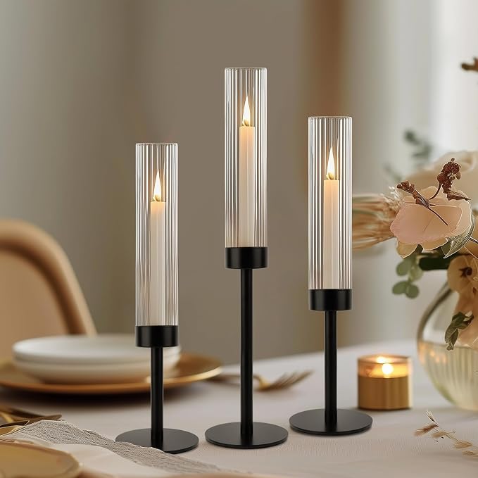Black Hurricane Candle Holders, Set of 6 Glass Taper Candlestick Holders Metal Candle Stands Bulk with Ribbed Glass Cover for Dining Tables Wedding Candelabra Centerpieces Decor