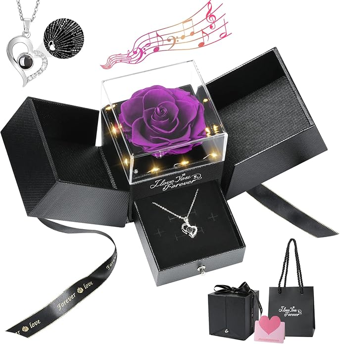 Emibele Preserved Rose Gifts for Women, Eternal Flower Rose Box with Heart Necklace, Romantic I Love You Gifts for Women Her Wife Mom Grandma on Valentines Mothers Day Birthday Anniversary