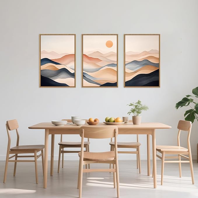 DRACIT Mimimalist Abstract Mountain Framed Canvas Wall Art Set,Earthy Toned Nature Landscape Wall Decor,Modern Watercolor Sunrise Artwork for Living Room, Bedroom,Office-24 x36 x3