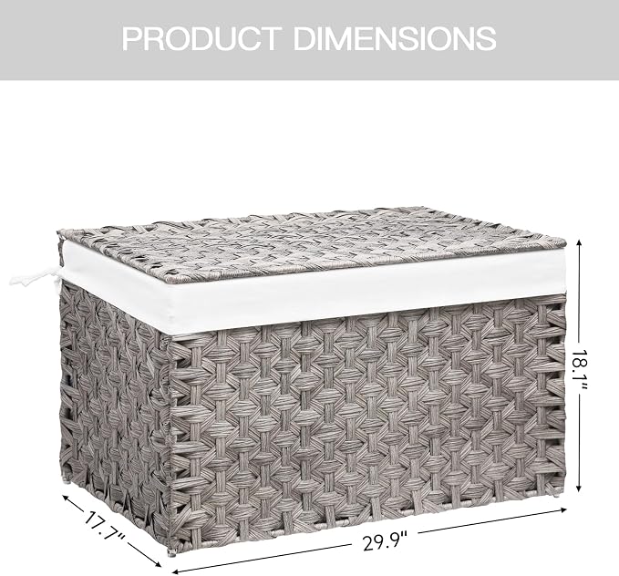 Wicker Storage Basket with Lid, 42.3 Gallon (160L) Large Blanket Basket with Lid, Woven Storage Bin with Handles, Removable Liner, Metal Frame, Foldable, for Bedroom, Laundry Room, Grey