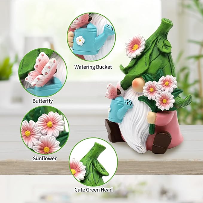 Spring Garden Gnome Figurine, 5.9in Resin Daisy Floral Gnome Decorations for Home Indoor Outdoor, Retirement Gifts for Women
