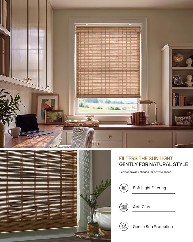 LazBlinds Cordless Bamboo Roller Shades, 34" W x 70" H, Squirrel | Natural Light Filtering Bamboo Window Blinds, Bamboo Roll Up Shades for Bedroom Living Room Office Indoor
