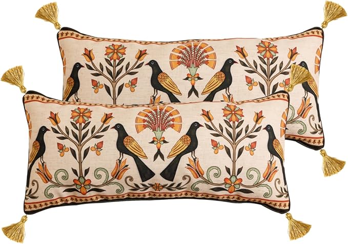 bilin gaier Rectangle Linen Throw Pillow Covers,28"x12" Set of 2-Seville C | Designer Vintage Elegant Pillow Cover,Concealed Zipper,Floral and Bird Pattern,Sofas,Bedroom,Living Room,Chairs