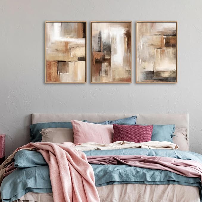 Large Framed Canvas Wall Art - Natural Float Framed Brown Abstract Picturtes for Living Room Decor Brown Abstract Painting Artwork Prints for Bedroom Kitchen Home Office Decor 48" X 24" Set of 3