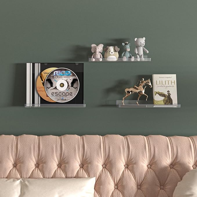 RLAVBL 6 Pack Acrylic Shelves, 15" Floating Wall Shelves for Bedroom, Living Room, Bathroom, Kitchen Storage
