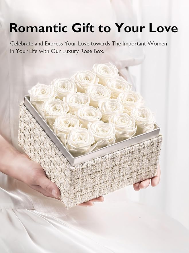 Eterfield Forever Flowers Preserved Roses Real Roses that Last Over a Year Rose Box Gifts for Her Mothers Day Valentines Day Christmas (Square Gold White Plaid Box, 16 White Roses)