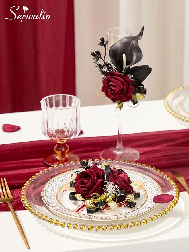 Serwalin Burgundy Prom Corsage and Boutonniere Set, Artificial Calla Lily Red Rose Wrist Corsage Wristlet for Homecoming, Formal Dance, Wedding Flowers Accessories Suit Decorations