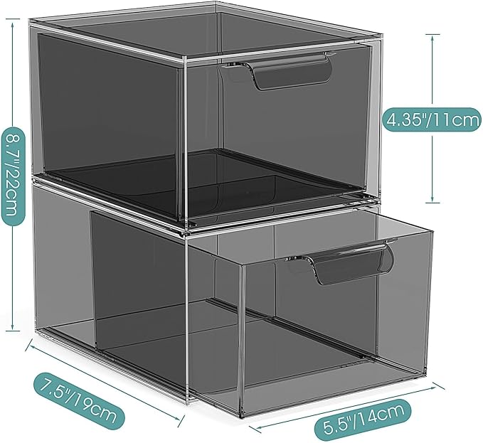 SpaceHacks 2 Pack Stackable Makeup Organizer and Storage, Acrylic Organizers，Clear Plastic Storage Drawer with Pull-Out Handles for Vanity, Undersink, Kitchen Cabinets, Pantry, Black