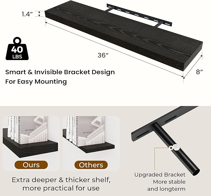 Dreamland 36Inch Black Floating Shelves 8" Deep Wall Mounted Set of 2 | Wall shelves for bathroom, bedroom, kitchen, deep wall mount wood storage display for home decor 36" x 8"