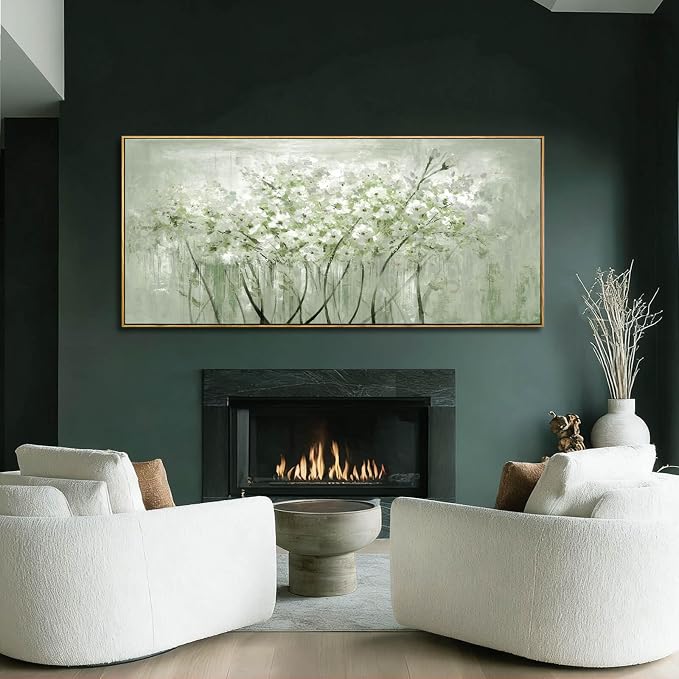 MLART99 Soft Green and White Floral Canvas Extra large Flower Wall Art Texture Botanical Print Plant Posters- 32x70 Inch Modern Home Decor for Living Room Entryway