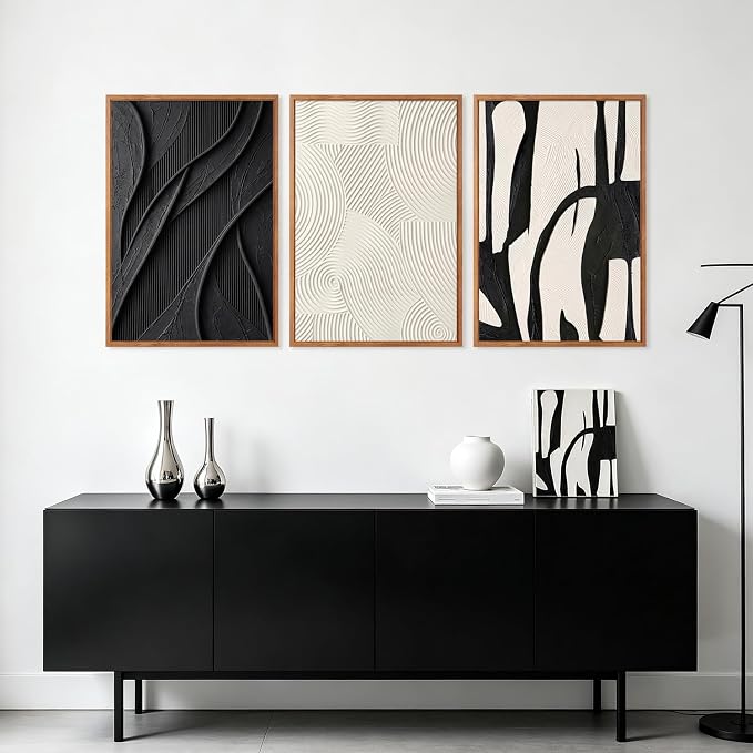 CHDITB 3D Textured Framed Canvas Wall Art Set, Black White Geometric Abstract Curve Impasto Minimalist Wall Decor, Modern Relief Art Prints for Living Room Hallway Bedroom Home Wall Decor 24"x36"x3
