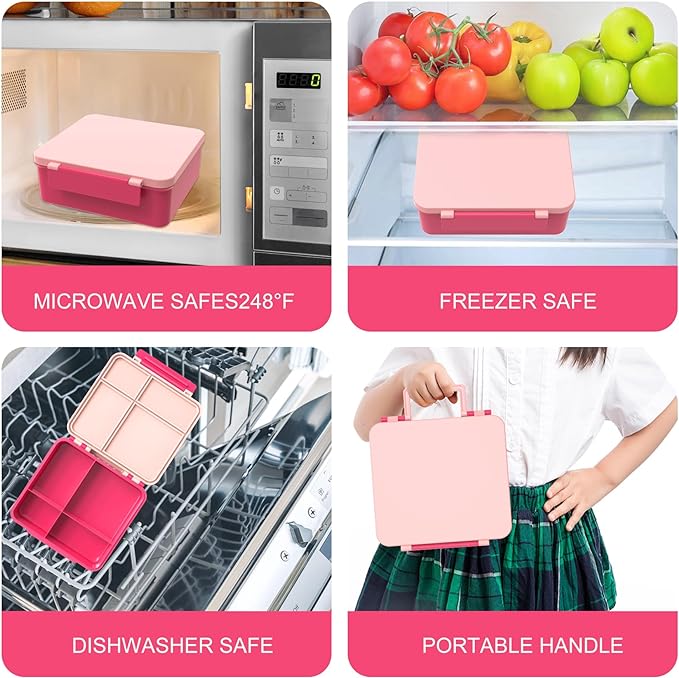 Pawtong Bento Lunch Box with 8oz Soup Thermo, Kids Leakproof Lunch Food Containers with 4 Compartment, Kids Thermo Insulated Hot Food Jar for School, Trvael - (Pink)