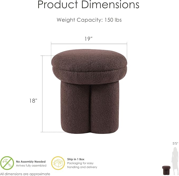 Furniture of America Rami Modern 17.5-inch Mushroom-Shape Upholstered Ottoman with Tri-Pillar Pedestal, Vanity Stool Chair, Small Foot Stool for Bedroom, Living Room, Entryway, Brown