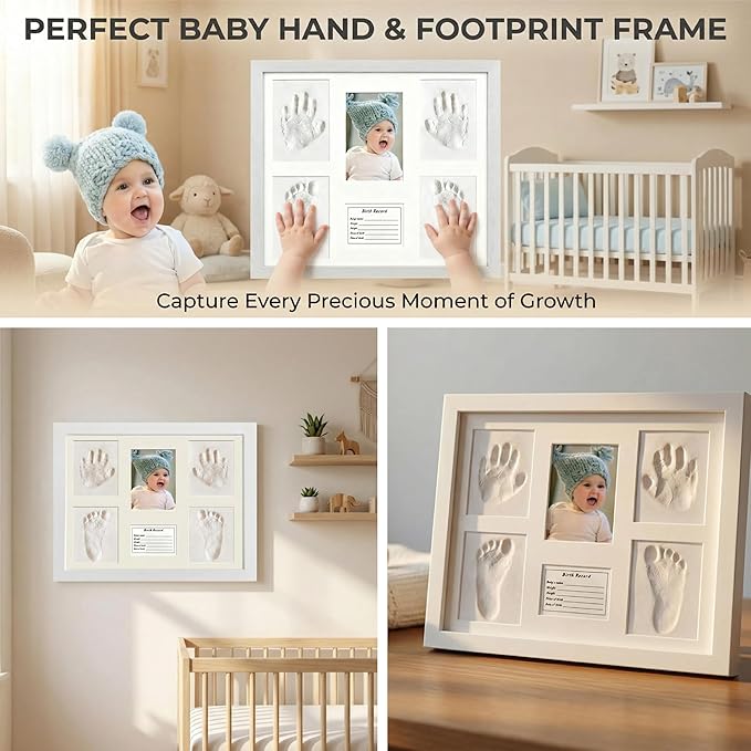 MICKYU Baby Handprint and Footprint Kit, Newborn Keepsake Wood Picture Frame with Air-Dry Clay, Nursery Decor, White, 13 x 11 Inch