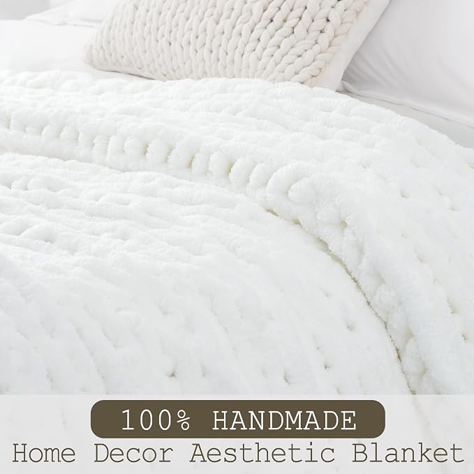 Chunky Knit Throw Blanket 50x60, 100% Handmade Chenille Yarn | 4.4lbs Soft Thick Cable Knitted Blankets, Large Rope Knot Crochet Throws for Couch Sofa Bed Machine Washable, Snow White