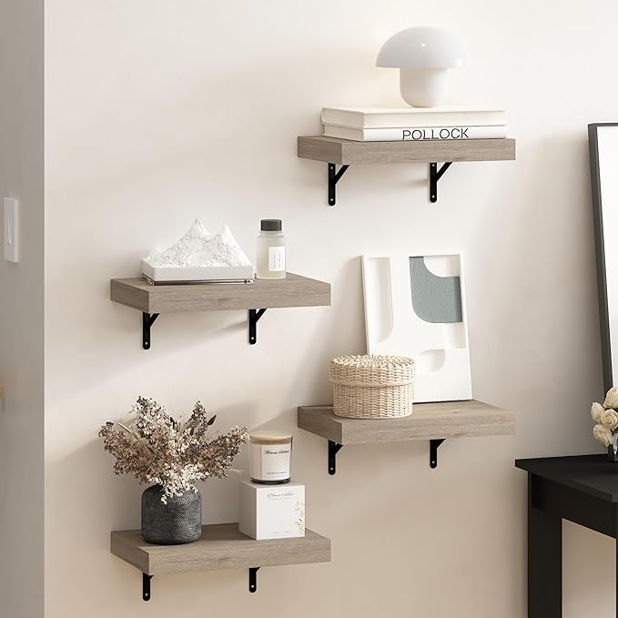 Furinno Tanna Floating Shelves for Wall Set of 4, 15-Inch Wall Shelf, Wall Mounted Shelf, for Bathroom, Home Office, Living Room, Natural