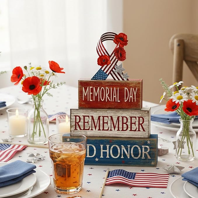 CroBlissful 4 Pcs Memorial Day Decorations Patriotic Remember Tabletop Decorations Star Ribbon Red White Blue 4th of July Table Centerpieces Sign for Office Tiered Tray Home Shelf 250th Anniversary
