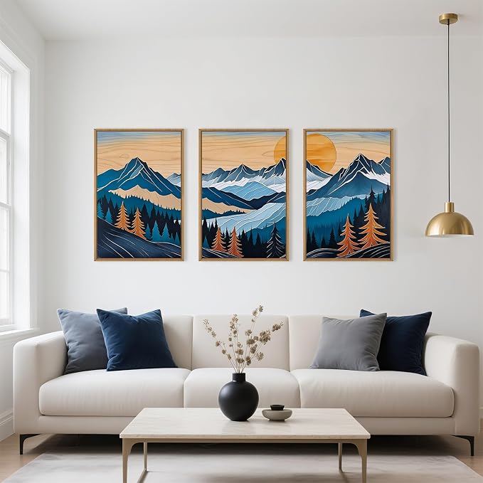 Boho Vintage Mountain Framed Canvas Wall Art Set,Blue Abstract Ridge Wall Decor,Woodcut Pine Tree Landscape Wall Painting, Sunrise Forest Art Print for Living Room,Bedroom,Office - 24"X36"X3