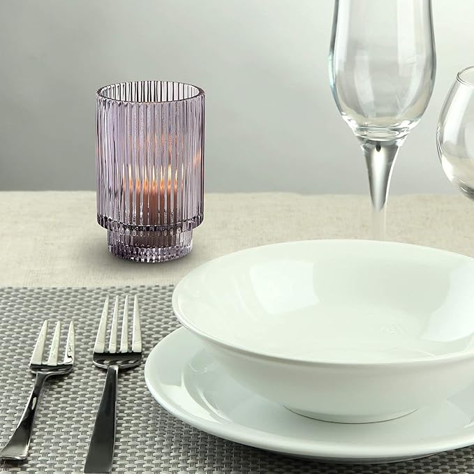 Serene Spaces Living 5in Smoke Ribbed Glass Votive Holder, Decorative Centerpiece for Wedding, Christmas, Thanksgiving, Dining Table, Living Room, Home Décor, 3.25" Diameter & 5" Tall, Pack of 24