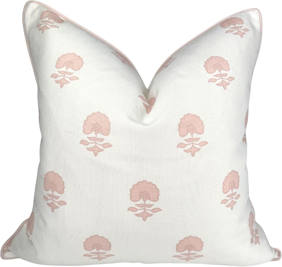 Jillien Harbor “The Lauderdale” Floral Block Print Pillow Cover – Blush Pink and Off-White Decorative Throw Pillow Cover – Grandmillennial Home Decor, 20" x 20"