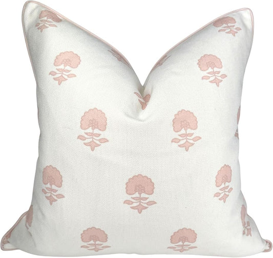 Jillien Harbor “The Lauderdale” Floral Block Print Pillow Cover – Blush Pink and Off-White Decorative Throw Pillow Cover – Grandmillennial Home Decor, 20" x 20"