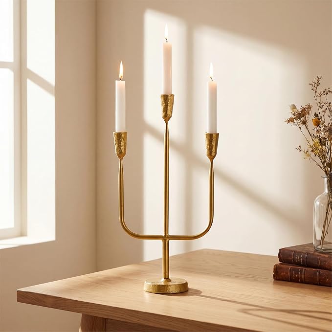 1 Pcs 16 Inch 3 Arm Metal Candelabra Cast Iron Taper Candelabra Vintage Tall Candle Holder Decorative Candlestick Holder for Wedding Antique Table Centerpiece & Mantel Decor (Gold)