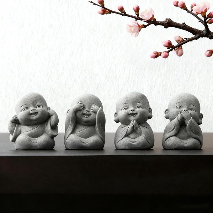 4Pcs Baby Buddha Statue Set, 2 Inch Mini Zen Monk, Sandstone Buddha for Desk Decor, Laughing Buddha for Good Luck, Car Dashboard, Home & Living Room Decor with Blessing Amulet