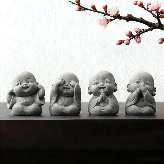 4Pcs Baby Buddha Statue Set, 2 Inch Mini Zen Monk, Sandstone Buddha for Desk Decor, Laughing Buddha for Good Luck, Car Dashboard, Home & Living Room Decor with Blessing Amulet