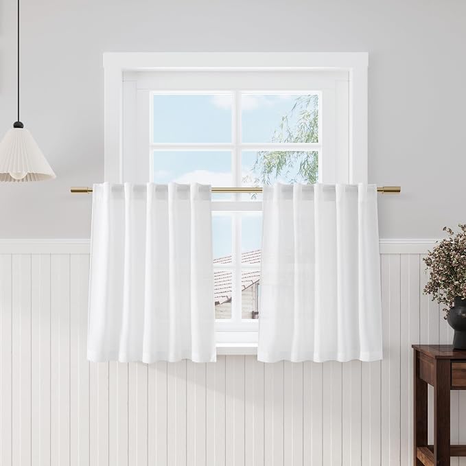 White Linen Kitchen Curtains 30 Inches Long 2 Panels Back Tab Rod Pocket Farmhouse Light Filtering Semi Sheer Short Curtain Solid Privacy Cafe Tier Curtains for Bathroom Basement Camper 36x30