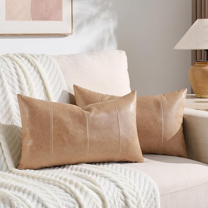 Fancy Homi Tan Long Lumbar Waterproof Faux Leather Decorative Throw Pillow Covers 14x20 Inch for Living Room Couch Bed, Beige Hand Stitched Cushion Case 35x50 cm, Taupe Modern Farmhouse Home Decor