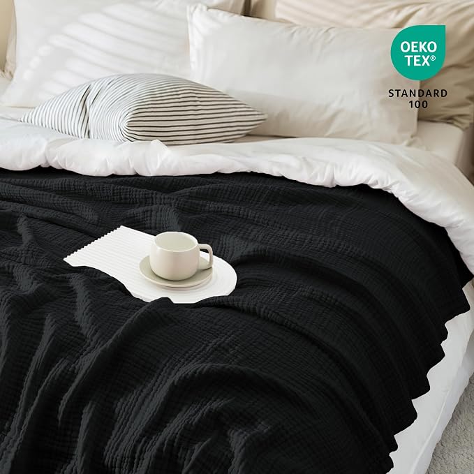 Carriediosa 100% Cotton Muslin Throw Blanket 66" X 90" Twin XL Size，4-Layers Summer Gauze Throws for Bed Couch，Soft Lightweight Breathable Linen Blankets Bedspread for Adults All Season，Black