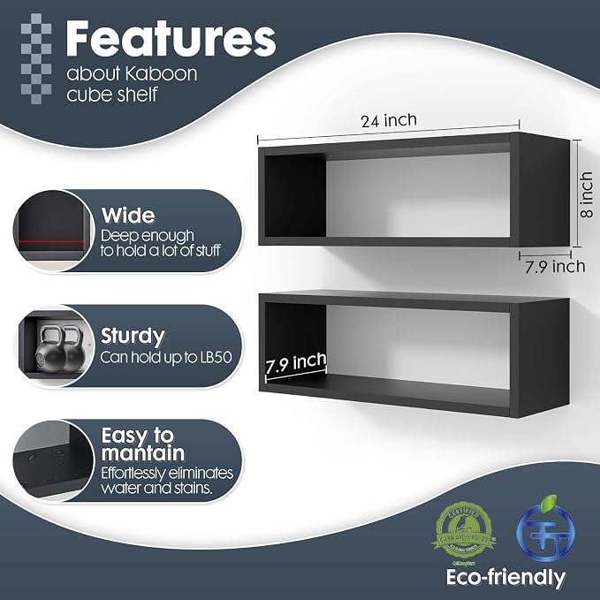 Kaboon 24in Floating Cube Shelves Set of 2, Display Shelves Wall Mount, Decorative Hanging Shelves for Kitchen Living Room Office,(Black, Rectangle 2 Cubes)