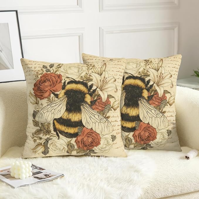 Spring Summer Bee Pillow Covers Retro Flower Honeybee Throw Pillow Covers 20x20 Set of 2 Botanical Bumblebee Floral Pillowcases for Home Sofa Couch Farmhouse Decor